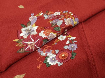 平和屋着物●中国三大刺繍　スワトウ刺繍　汕頭刺繍　総刺繍　振袖　草花丸文　金糸　正絹　逸品　DABK0752ud