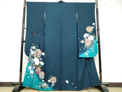平和屋着物●豪華振袖　手毬草花文　暈し染め　金彩　京都きもの友禅扱い　正絹　逸品　DABK0754ud