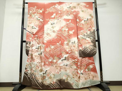 平和屋着物●豪華振袖　駒刺繍　吉祥飛鶴花蝶文　暈し染め　金彩　正絹　逸品　DABK0777ud