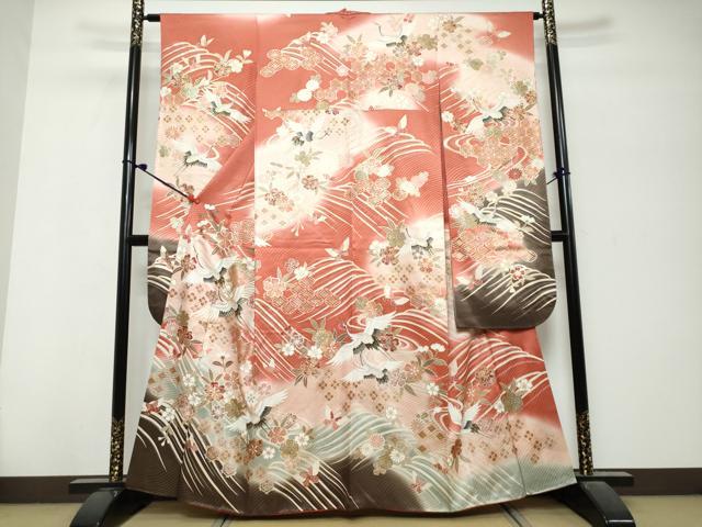 平和屋着物●豪華振袖　駒刺繍　吉祥飛鶴花蝶文　暈し染め　金彩　正絹　逸品　DABK0777ud