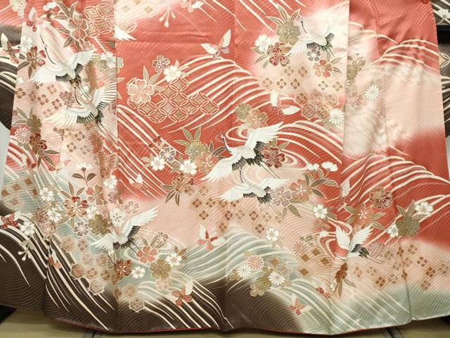 平和屋着物●豪華振袖　駒刺繍　吉祥飛鶴花蝶文　暈し染め　金彩　正絹　逸品　DABK0777ud