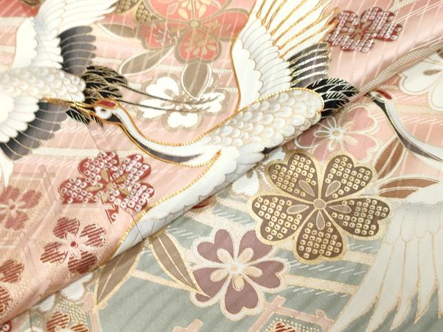 平和屋着物●豪華振袖　駒刺繍　吉祥飛鶴花蝶文　暈し染め　金彩　正絹　逸品　DABK0777ud