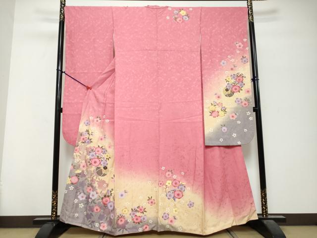 平和屋着物●豪華振袖　手毬花文　暈し染め　金彩　正絹　逸品　DABK0781ud