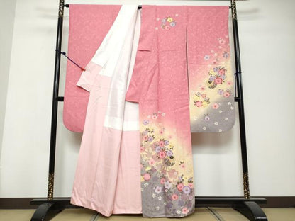 平和屋着物●豪華振袖　手毬花文　暈し染め　金彩　正絹　逸品　DABK0781ud