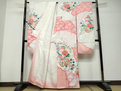 平和屋着物●豪華振袖　駒刺繍　絞り　花車文　正絹　逸品　DABK0794ud