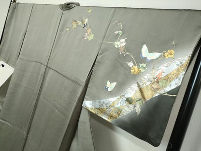 平和屋着物●訪問着　作家物　扇面花蝶文　暈し染め　金銀彩　正絹　逸品　DABK0796ud