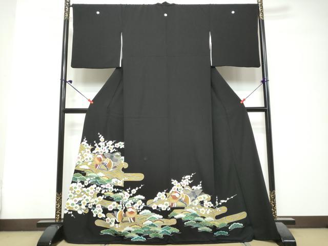 平和屋着物●豪華黒留袖　鴛鴦草花文　金銀彩　正絹　逸品　DABK0803ud