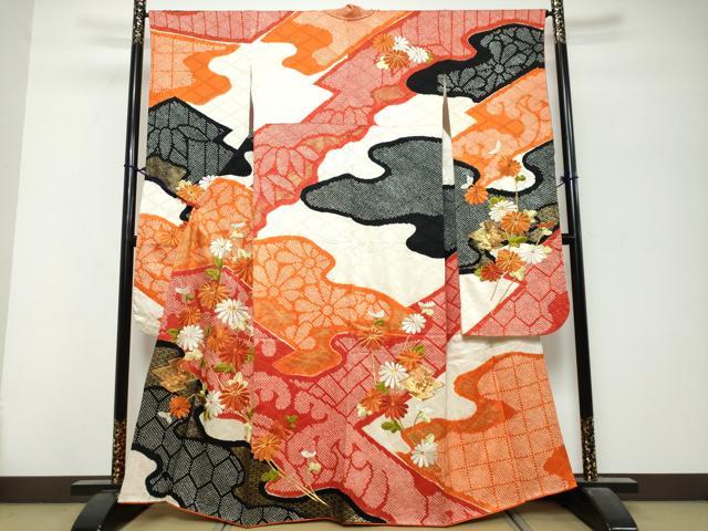 平和屋着物●豪華振袖　駒刺繍　絞り　草花文　金彩　正絹　逸品　DABK0805ud