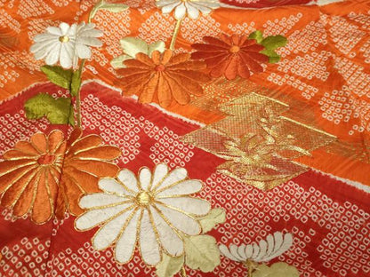 平和屋着物●豪華振袖　駒刺繍　絞り　草花文　金彩　正絹　逸品　DABK0805ud