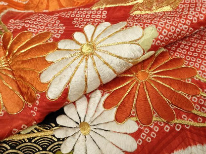 平和屋着物●豪華振袖　駒刺繍　絞り　草花文　金彩　正絹　逸品　DABK0805ud