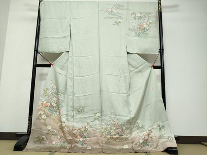平和屋着物●訪問着　作家物　流水草花文　暈し染め　金彩　仮絵羽　正絹　逸品　未使用　DABK0806ud