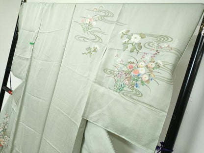 平和屋着物●訪問着　作家物　流水草花文　暈し染め　金彩　仮絵羽　正絹　逸品　未使用　DABK0806ud