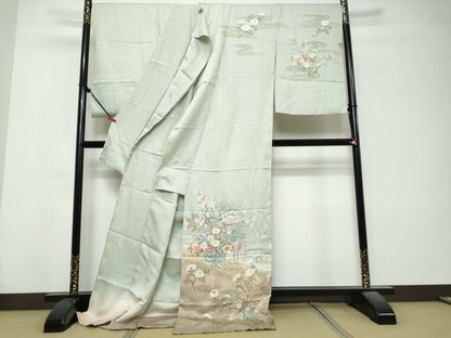 平和屋着物●訪問着　作家物　流水草花文　暈し染め　金彩　仮絵羽　正絹　逸品　未使用　DABK0806ud