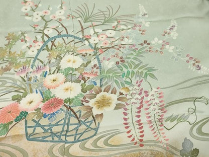 平和屋着物●訪問着　作家物　流水草花文　暈し染め　金彩　仮絵羽　正絹　逸品　未使用　DABK0806ud