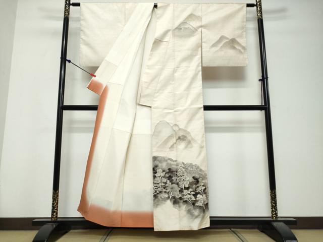 平和屋着物●訪問着　紬地　遠山樹林文　暈し染め　正絹　逸品　DABK0808ud