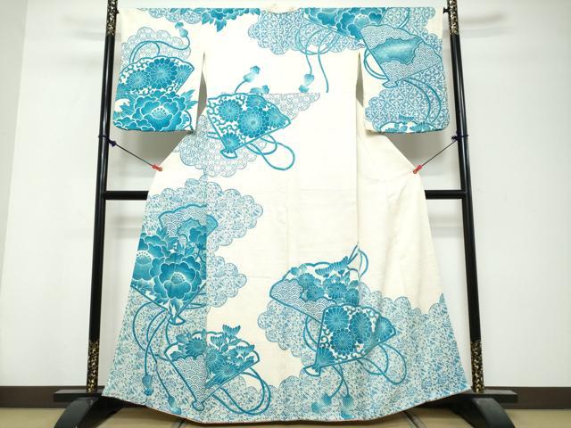平和屋着物●訪問着　総絞り　扇面草花文　正絹　逸品　DABK0813ud