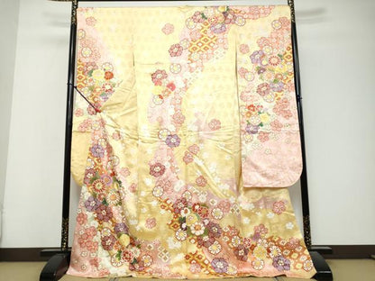 平和屋着物●豪華振袖　駒刺繍　吉祥草花文　金彩　京都きもの友禅扱い　ロング丈　正絹　逸品　DABK0841ud