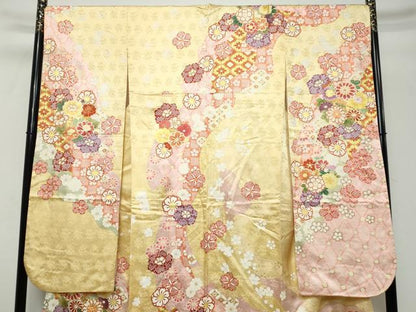 平和屋着物●豪華振袖　駒刺繍　吉祥草花文　金彩　京都きもの友禅扱い　ロング丈　正絹　逸品　DABK0841ud