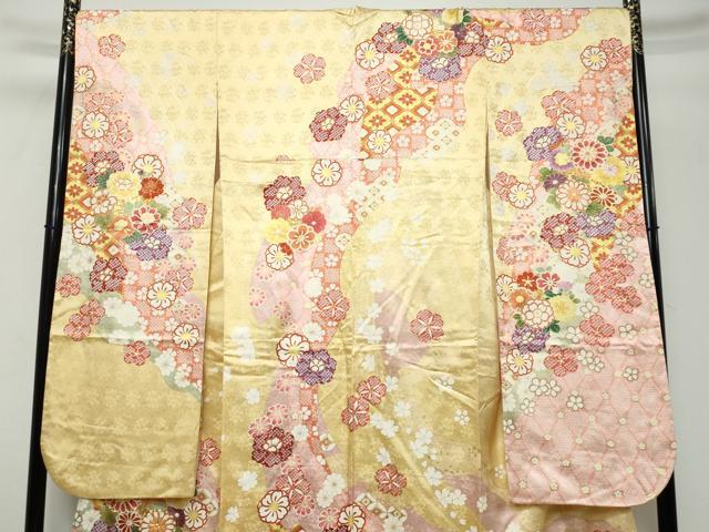 平和屋着物●豪華振袖　駒刺繍　吉祥草花文　金彩　京都きもの友禅扱い　ロング丈　正絹　逸品　DABK0841ud