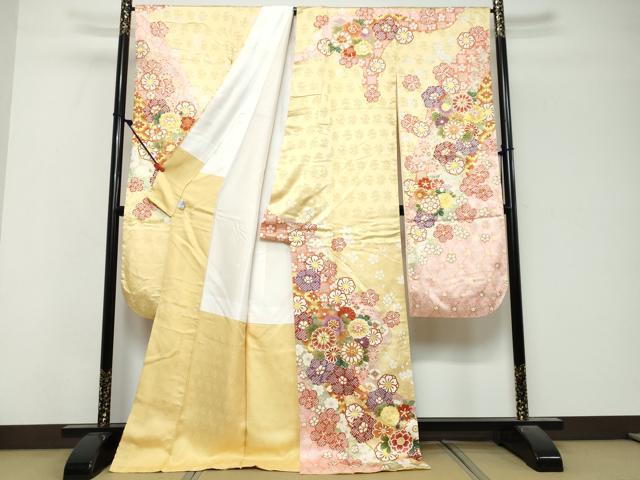 平和屋着物●豪華振袖　駒刺繍　吉祥草花文　金彩　京都きもの友禅扱い　ロング丈　正絹　逸品　DABK0841ud