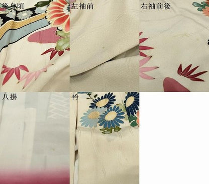 平和屋着物●セミアンティーク　振袖　刺繍　流水花文　金彩　正絹　逸品　DABK0863ud