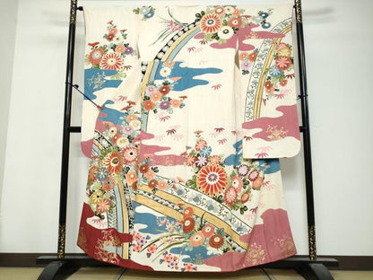 平和屋着物●セミアンティーク　振袖　刺繍　流水花文　金彩　正絹　逸品　DABK0863ud