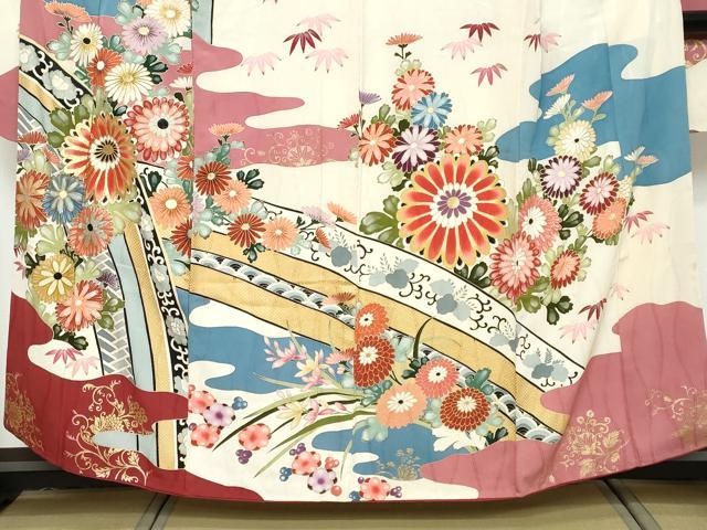 平和屋着物●セミアンティーク　振袖　刺繍　流水花文　金彩　正絹　逸品　DABK0863ud