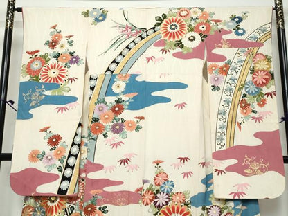 平和屋着物●セミアンティーク　振袖　刺繍　流水花文　金彩　正絹　逸品　DABK0863ud