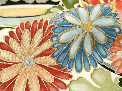 平和屋着物●セミアンティーク　振袖　刺繍　流水花文　金彩　正絹　逸品　DABK0863ud