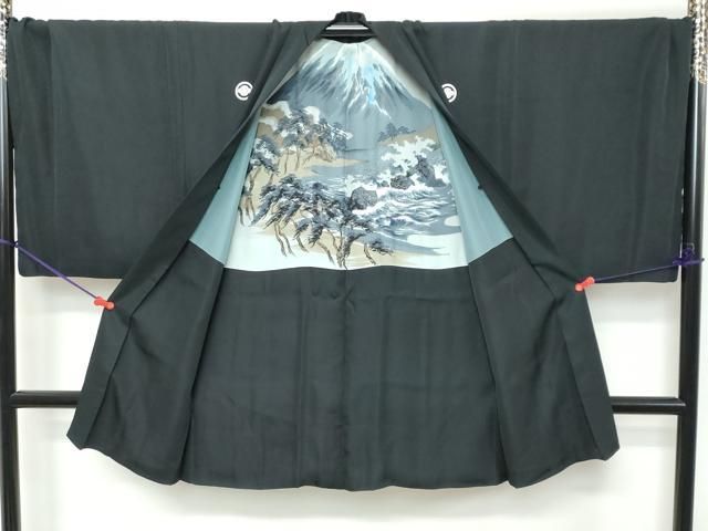 平和屋着物●男性　黒紋付　アンサンブル　長羽織　羽裏：風景松文　キングサイズ　正絹　逸品　DABK0868ud
