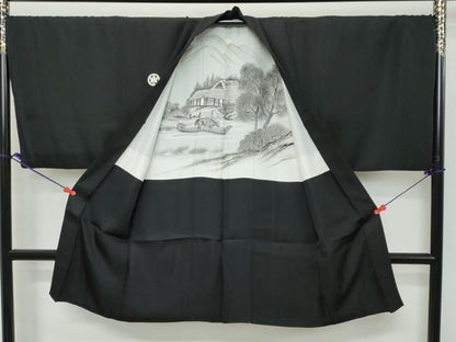 平和屋着物●男性　黒紋付　アンサンブル　長羽織　羽裏：風景文　キングサイズ　正絹　逸品　DABK0869ud