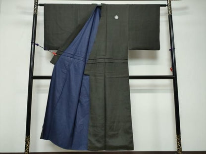 平和屋着物●男性　黒紋付　アンサンブル　長羽織　正絹　逸品　DABK0870ud