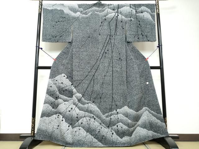 平和屋着物●訪問着　作家物　たたき染め　枝花文　黒地　やまと誂製　正絹　逸品　DABK0875ud
