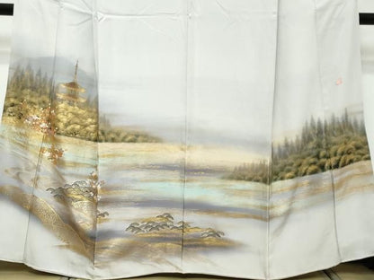 平和屋着物●訪問着　作家物　流水風景草花文　暈し染め　金彩　正絹　逸品　DABK0879ud