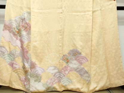 平和屋着物●創業460年・千總　訪問着　駒刺繍　絞り　青海波草花文　金彩　正絹　逸品　DABK0897ud