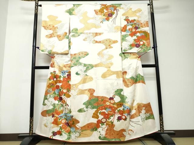 平和屋着物●訪問着　駒刺繍　扇面草花文　金彩　正絹　逸品　DABK0898ud