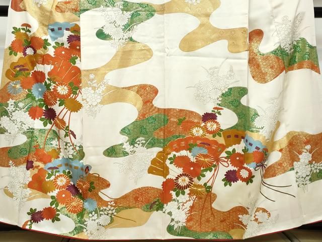 平和屋着物●訪問着　駒刺繍　扇面草花文　金彩　正絹　逸品　DABK0898ud