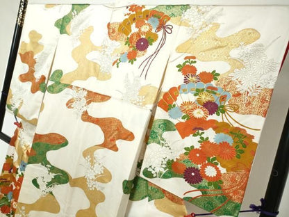 平和屋着物●訪問着　駒刺繍　扇面草花文　金彩　正絹　逸品　DABK0898ud