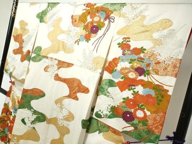 平和屋着物●訪問着　駒刺繍　扇面草花文　金彩　正絹　逸品　DABK0898ud