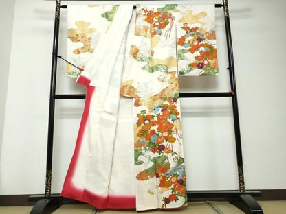 平和屋着物●訪問着　駒刺繍　扇面草花文　金彩　正絹　逸品　DABK0898ud