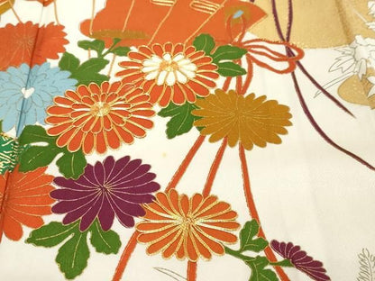 平和屋着物●訪問着　駒刺繍　扇面草花文　金彩　正絹　逸品　DABK0898ud