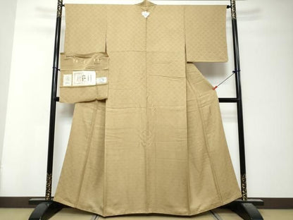 平和屋着物●上質な色無地　作家物　宇治本茶染　青海波地紋　油色　反端付き　正絹　逸品　DABK0904ud