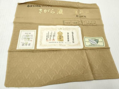 平和屋着物●上質な色無地　作家物　宇治本茶染　青海波地紋　油色　反端付き　正絹　逸品　DABK0904ud