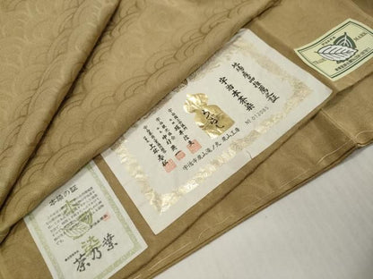 平和屋着物●上質な色無地　作家物　宇治本茶染　青海波地紋　油色　反端付き　正絹　逸品　DABK0904ud