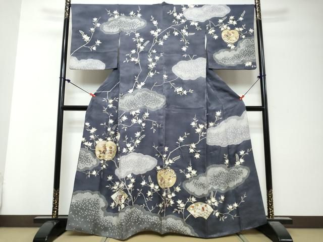 平和屋着物●訪問着　駒刺繍　絞り　地紙重ね枝花文　金彩　正絹　逸品　DABK0907ud