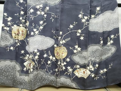 平和屋着物●訪問着　駒刺繍　絞り　地紙重ね枝花文　金彩　正絹　逸品　DABK0907ud
