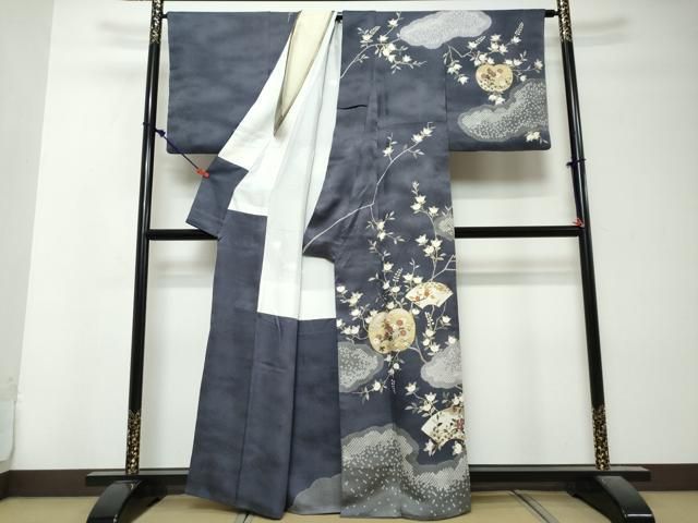 平和屋着物●訪問着　駒刺繍　絞り　地紙重ね枝花文　金彩　正絹　逸品　DABK0907ud