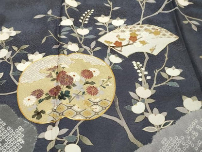 平和屋着物●訪問着　駒刺繍　絞り　地紙重ね枝花文　金彩　正絹　逸品　DABK0907ud