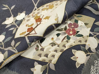 平和屋着物●訪問着　駒刺繍　絞り　地紙重ね枝花文　金彩　正絹　逸品　DABK0907ud