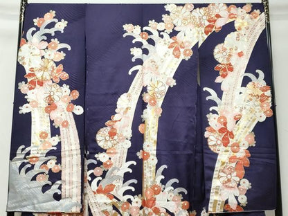平和屋着物●豪華振袖　立波草花文　金彩　上代30万　仮絵羽　逸品　未使用　DABK0922ud